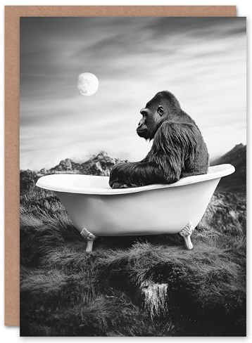 Artery8 Greeting Card Gorilla Ape in Bathtub Black White Valley Surreal Blank For Him Or Her Art Birthday Card