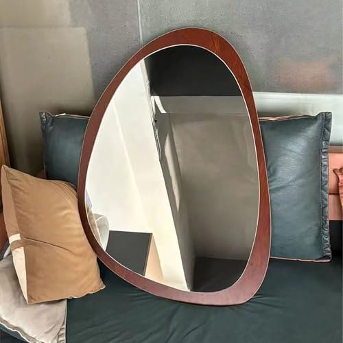 HCBUTAE Retro Badezimmerspiegel aus massivem Holz, asymmetrischer Kosmetikspiegel, Wandspiegel, Schminkspiegel, unregelmäßiger ovaler Spiegel, Walnussfarbe