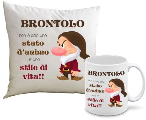 Cuscino Quadrato 40 cm Brontolo + tazza mug in ceramuica con frase ironica e stampa personalizzata a tema sfoderabile regalo Perfetto per chi ami sette nani biancaneve