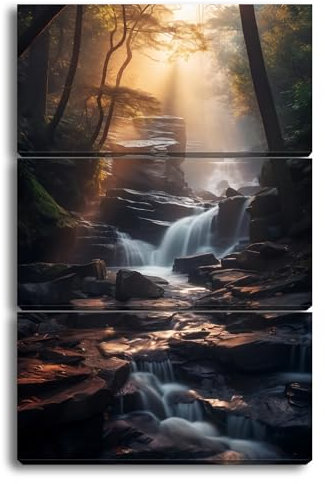 deyoli Leinwandbild Mystischer Wasserfall im Wald, beleuchtet vom goldenen Licht Format: 120x80cm (3Teilig) XXL Kunstdruck Bild auf Holzrahmen/Wandbild/Wohnzimmer Dekoration