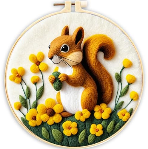 Meecaa Nadelfilz-Set zum Selbermachen für Anfänger, Eichhörnchen, Blumen-Tier inklusive Wollfilz-Zubehör, Stickrahmen, schöne Wollmalerei und Nadelfilzwerkzeuge (Eichhörnchen)