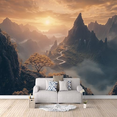 3D Fototapete Berge Sonnenuntergang 150x105 cm Foto Tapete Vlies Wandtapete, Modern 3D Effekt Motivtapeten Wald,für Wohnzimmer Schlafzimmer, Kinderzimmer.