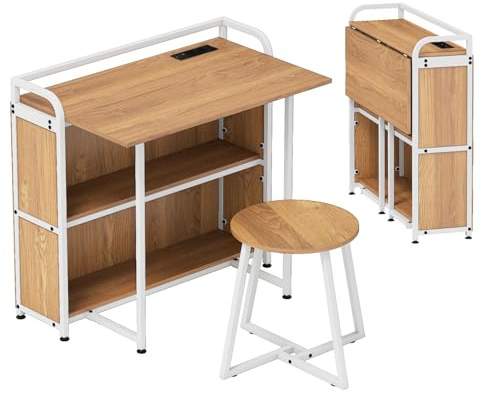 LIFEZEAL Escritorio Plegable con Taburete y 2 Enchufes (Natural) | Mesa de Ordenador con Enchufes, USB y Conector Tipo C, Ahorra Espacio, Juego de Mesa de Oficina para Oficina en Casa, Estudio