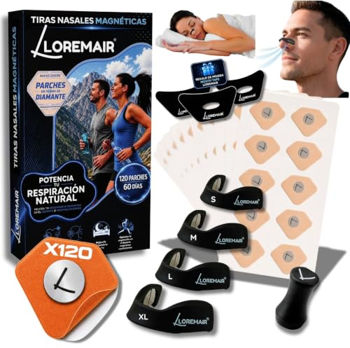 Tiras Nasales Magnéticas Deportivas LOREMAIR® Tiras Nasales para Dormir |120 Parches 60 Días | Dilatador Nasal Antironquidos | Mejora la Respiración | 4 Arcos Magnéticos + Aplicador