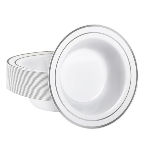 Goodluck 25 Pack Plastic Bowls with Silver Rim,340ml/12oz Reusable Soup Bowls, Heavy Duty Dessert Bowls for Weddings, Parties, Dinners, Catering, Thanksgiving and Everyday Use