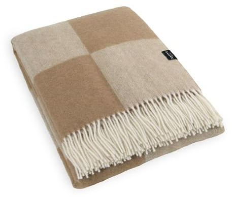 Simply Sheepskin Wool Blanket - Checkerboard Beige Wool Blanket - Jacquard woven - New Zealand Wool Throw 140x200 cm