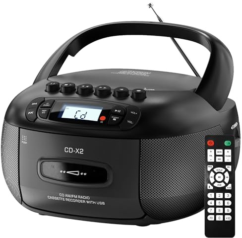 Kuephom CD Player Boombox with Cassette Player, Black | Portable with Bluetooth, FM/AM Radio, Tape Recorder with Remote, USB/MP3/AUX Player, Sleep Timer, AC/DC Powered