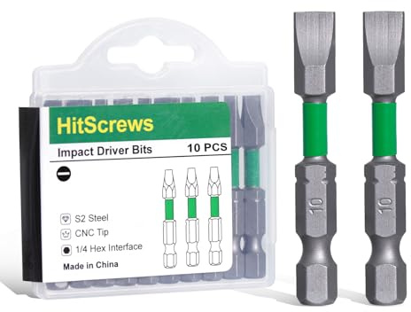 SL10 Flat Head Screwdriver Bit 2/50mm Large Slotted Magnetic Bits 10 Pcs | S2 Steel CNC Tip, Heavy-Duty SL10 Flat Head Bits,Torsion Zone 1/4 Hex Shank, For Heavy Construction, Framing & Decking