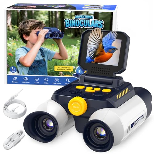Binocolo Visione Notturna, Ahalfcit Binocolo Bambini con Schermo HD 2.4 e Zoom 10X per Foto e Video - Binoculars per Uccelli, Campeggio, Regalo per Bambini da 4 anni(Bianco)