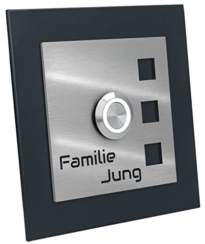 Jung Edelstahl Design Edelstahl Türklingel „Manhattan 009 mit Gravur. Klingelplatte 10x10cm. LED Taster in (weiss). Grundplatte anthrazit RAL 7016 pulverbeschichtet. Klingelschild aus V2A Edelstahl.