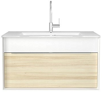 Sieper | Waschtischunterschrank und Waschtischplatte Set in Weiß mit Ahorn Schublade, 110 cm, Waschbeckenunterschrank