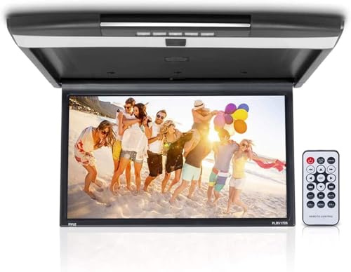 Pyle Car Rear Seat Entertainment Flip Down Monitor 17.3 Inch Roof Mount Screen, HDMI USB Micro SD Display with IR FM Transmitter for Kids Back Seat Campervan Travel