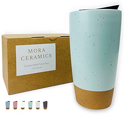 Mora - Taza de viaje de cerámica de doble pared con tapa, 14 onzas, portátil, microondas, apta para lavavajillas, taza alta reutilizable aislada, tapa resistente a salpicaduras, vaso para llevar para