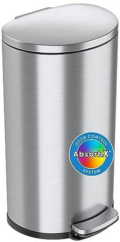 iTouchless PasoSuave, Cubo de basura con pedal para cocina, con filtro para olores y cubo interior extraíble, acero inoxidable, 30 L, para dormitorio, baño, hogar, oficina, tapa silenciosa