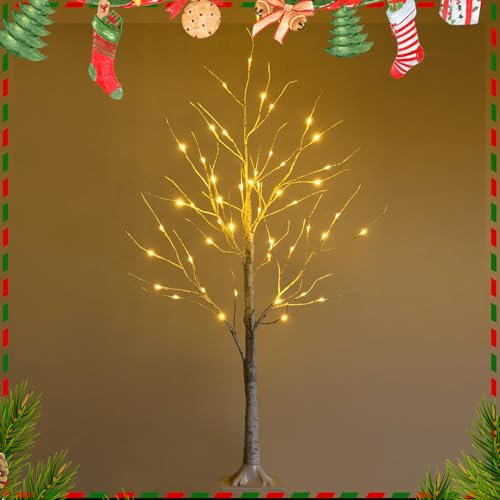 GOPLUS Sapin de Noel Lumineux 120 CM, Sapin de Noel Blanc à 48 Lumières LED avec Branches Mortes, Bouleau Noël Lumineux Arbre de Noël Artificiel