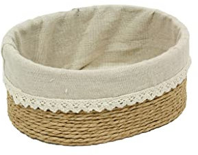 (2) DOS CESTA OVAL TIRAS DE PAPEL MARRON CON TELA BEIGE. bandejita de papel decoración. Bandejita de papel almacenaje. Bandeja de papel utensilios baño. Bandeja de papel lotes de productos (19×14.5×8)