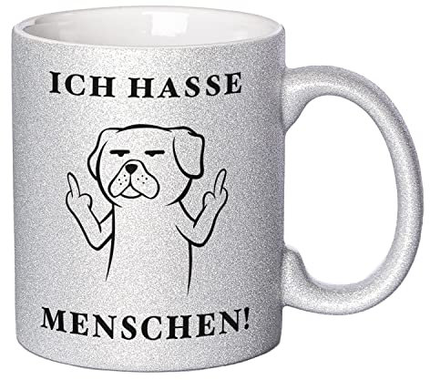 Glitzer Tasse mit Spruch Ich hasse Menschen | Silber | Hund | 330ml | doppelseitig bedruckt | Für Hundeliebhaber als witzige Geschenkidee zu Weihnachten für beste Freundin oder Kollegin