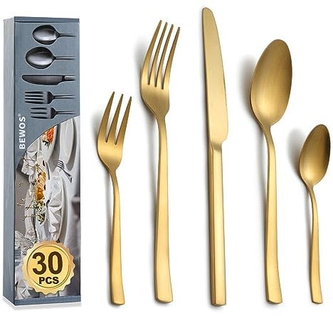BEWOS Besteckset für 6 Personen, 30-teiliges Besteckset aus Edelstahl, mattgoldenes Besteckset mit Messern, Gabeln und Löffeln, hochglanzpoliert und spülmaschinenfest
