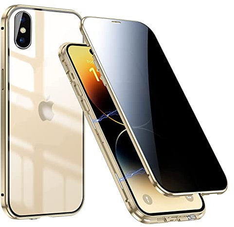 QiiStar Anti Spy Hülle für iPhone XS & iPhone X,Sichtschutz Privacy Case Metallrahmen Rückseite Hartglas 360 Grad Full Cover Clear Magnetisch Ganzkörper Handyhülle,Gold