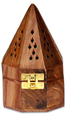 Bless-International Brûleur d'encens traditionnel en bois fait à la main pour aromathérapie, méditation, yoga (12,7 cm Octa Temple en bois, fusain/cône)
