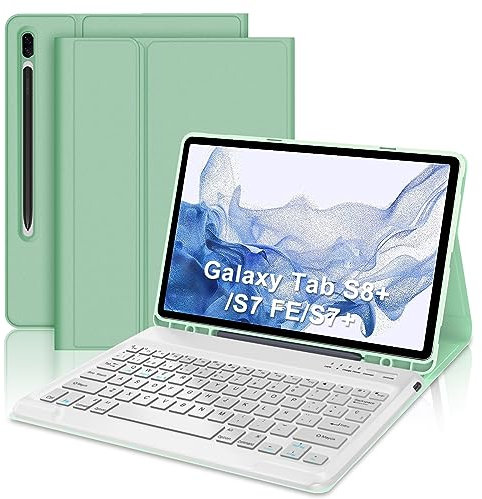 IVEOPPE Funda con Teclado Samsung Galaxy Tab S8 Plus, Teclado Samsung Tab S7 Plus, Teclado Español Ñ Bluetooth Inalambrico Desmontable para Samsung Tab S7 FE 12.4,Verde