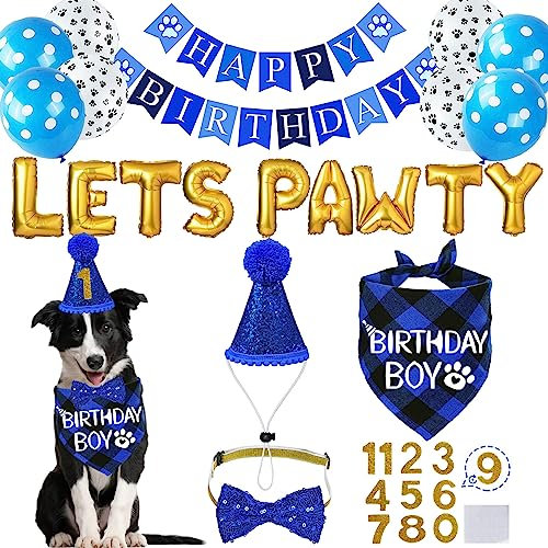 STMK Dog Birthday Decorations, Multi Sizes Dog Birthday Hat with Numbers Bandana Bow Tie Banner LETS PAWTY Balloons for Small Medium Dogs Pets (Small, Blue)