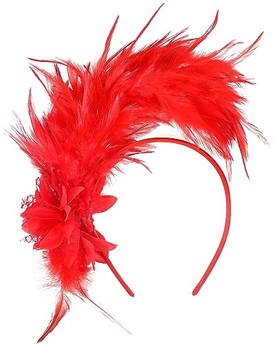 MWOOT Bandeau Plumes, Années 1920 Fascinateur Plumes pour Femmes, Vintage Serre Tete Plumes Rouge, Fleur Artificielle Accessoires Cheveux pour Cocktail Mariage Goûter Décoration