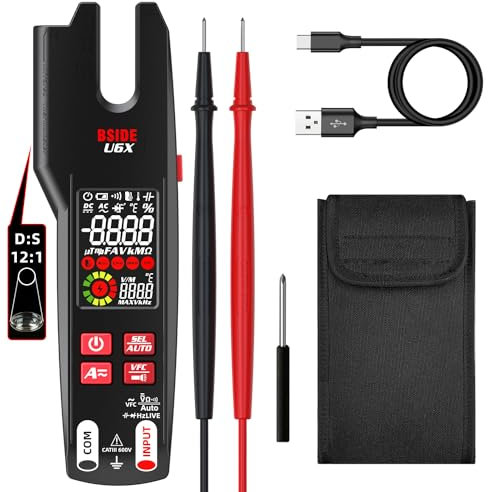 BSIDE U6X Tester Elettrico Pinza Amperometrica Aperta AC DC 600A con Termometro IR Migliorato 12:1 LCD Colore 999 Conti VFC Multimetro Digitale Intelligente TRMS con Batteria Ricaricabile