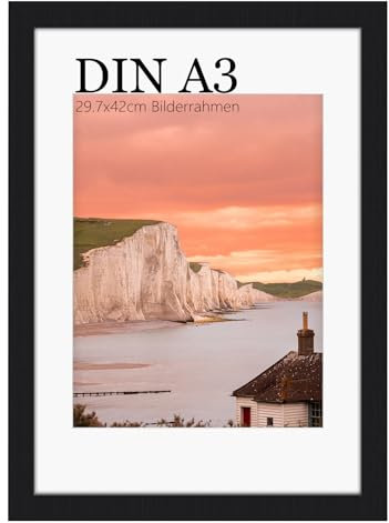 UHOUSEST Bilderrahmen A3 Holz, 29.7x42cm Bilderrahmen, Holzrahmen für A3 Druck, Schwarzer Rahmen mit Passepartout, Posterrahmen mit Passepartout, für Wandmontage vertikal oder horizontal