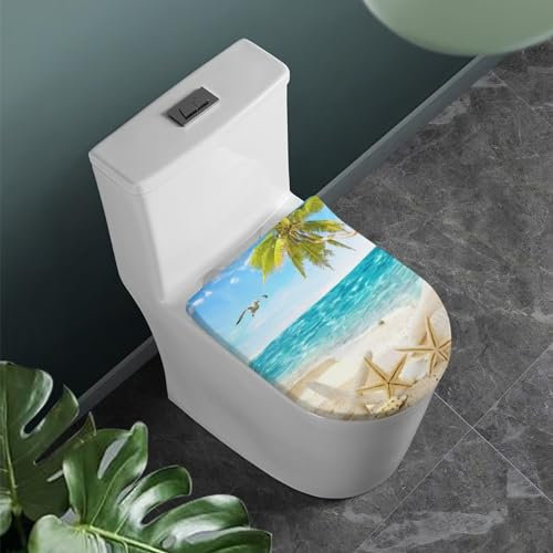 COEQINE Toilet Seat Lid Cover Oval Elongated Sea Beach Starsfish Print Bathroom Toilet Seat Lid Cover Standard Round Decorations for Home