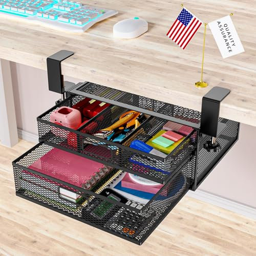 Under Desk Drawer Organizer No Drilling 2 Slide Out Drawer Under Desk Storage Drawer Clamp On Under Desk Management Drawer Organizer Suitable for Home and Office