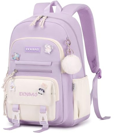 Tanou Cartable Fille Primaire, 20 Litres Sac a Dos College Fille Cartable Kawaii avec Pendentif, Léger Sac Ecole Fille Primaire en Nylon pour Enfants de 7 à 14 ans, Violet