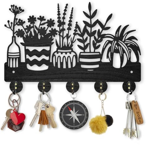 MAYJOYDIY Ganchos de madera para colgar en maceta, para colgar en la pared, 30 x 20 cm, 5 ganchos de aleación, organizador de llaves negro para regalo, entrada, pasillo, cocina