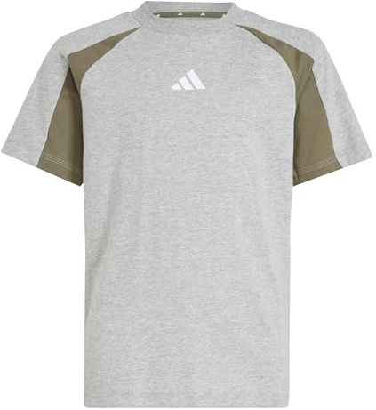 adidas Unisex Kinder Seasonal Essentials Colorblock T-Shirt, medium Grey Heather/Olive strata/White, 7-8 Years