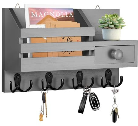 HOMEBROS Support mural pour clés, organiseur de courrier et de clés en bois adhésif avec tiroir, petite étagère, 8 crochets, 2 méthodes d'installation, gris
