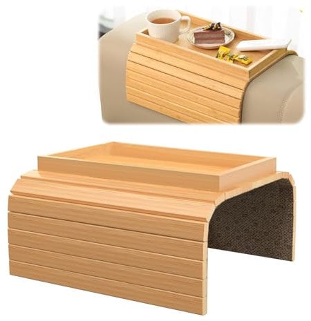 Sofatablett Armlehne, Bambus Couch Tablett, Faltbar Couch Getränkehalter, Rutschfestes Sofa Armlehnentablett, Sofatablett mit Getränkehalter für Snacks, Handy, Steuerung, Tassen