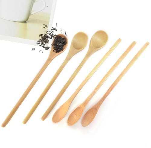 FloraMolly Wooden Teaspoons Set of 6, Long Handle Cooking Spoons Natural Wooden Spoons Handmade for Honey Coffee Tea Drinks Desserts