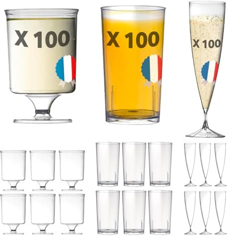 300 Verres Réutilisables et Recyclables - 100 Flûtes Champagne 13,5 cl + 100 Verres Cocktails 30 cl + 100 Verres à Vin 17 cl - Fabriqué en France, Lavable - Qualité Supérieure et Durable