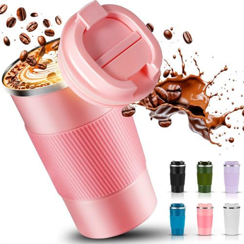 SENBSLAN Travel Mug,510ml Insulated Coffee Cup with Leakproof Lid,Non-Slip Coffee Travel Mugs for Hot Drinks,Double Walled Stainless Steel Thermal Mugs for Hot Cold Drinks (Pink)