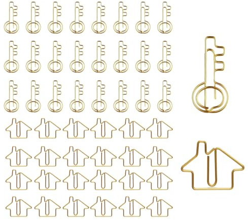 Kotkiddy 50 Stück Büroklammer 25 Stück Hausförmige Büroklammer 25 Stück Schlüsselförmige Büroklammern Groß Büroklammern Spender für Agentur Büro Klassenzimmer(Gold)