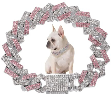 Collier pour petits chiens et chats - Collier avec strass en métal pailleté - 14 mm de large - Bijoux pour animaux domestiques - Rose (25,4 cm)