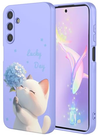 YUEQIAN Flüssig Silikon Hülle für Samsung Galaxy A16 4G / 5G, Ultradünn Weich Liquid TPU Stoßfest Schutzhülle, Blumen Cartoon Mädchen Muster Mikrofaserfutter Handyhülle. Katze