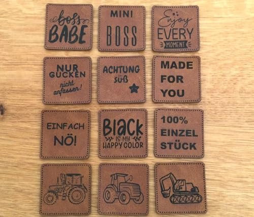 Handmade Label | Labels Kunstleder | witzige Sprüche und Motive | eckig | 39x39 mm | hellbraun (Traktor 1)