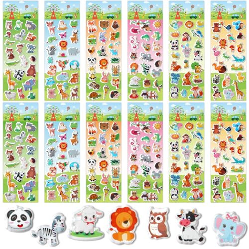 UPINS 12 Blätter Tieraufkleber für Kinder, 3D-Puffy-Aufkleber, selbstklebende Cartoon-Waldtieraufkleber, verschiedene süße Tiere, Belohnungsaufkleber für Kinder, Klassenzimmer, DIY-Basteldekorationen