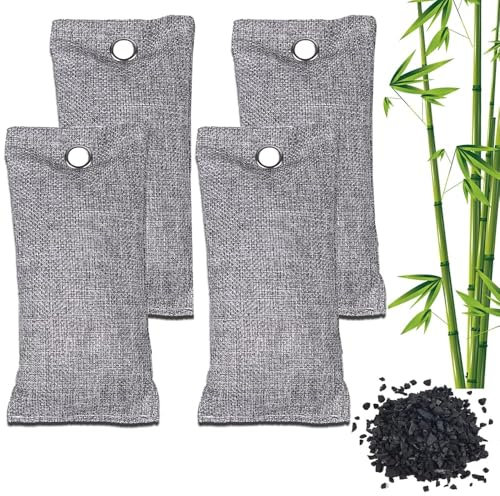 MEGAROOM Bamboo Air Purifying Bags 4 x 75g - Natural Air Fresheners - Activated Charcoal Odour Absorber - Activated Charcoal Bag - Natural Car Air Freshener, Shoe Deodoriser, Home, Pet, Closet Odour
