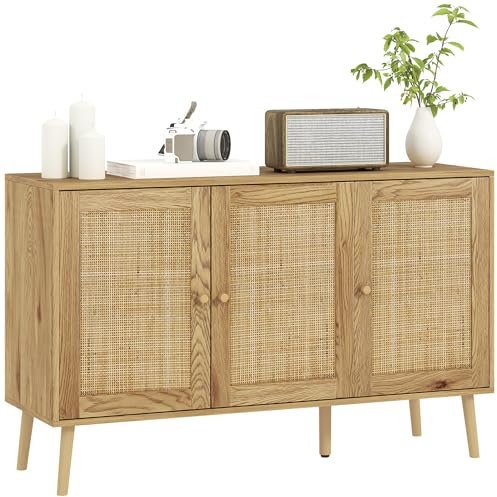 HOMCOM Buffet Salon Meuble de Rangement avec placards à Portes en rotin et étagère réglable, pour Salon, Salle à Manger, dim. 120 x 40 x 75 cm, Bois Naturel