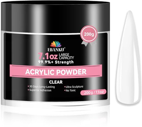 EBANKU Clear Acrylic Powder, 200g Big Capacity Professional Acrylic Nail Powder for Nail Acrylic Extension, Nail Carving, Long-Lasting, No Nail Lamp Needed (Clear-200G)