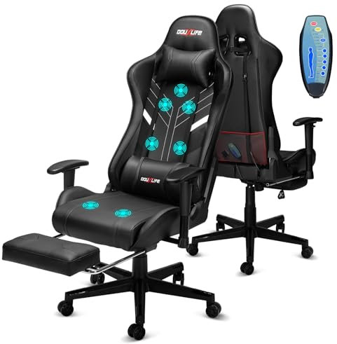 Douxlife Gaming Stuhl, mit 7 Punkt Massage, Fußstütze, Ergonomischer Bürostuhl, 90-175° Rückenlehne Einstellbar, Verstellbare 2D Armlehne, PC Gamer Stuhl Schreibtischstuh, 180KG, Tiefschwarz
