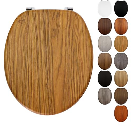 Fanmitrk Traditional Wooden Toilet Seat - Adjustable Zinc Alloy Hinges - Made of Multiple Styles Wood Grain MDF - Easy to Clean and Install for Bathroom 43.3 x 36.8 x 5.5 cm (JHE99-2-02)