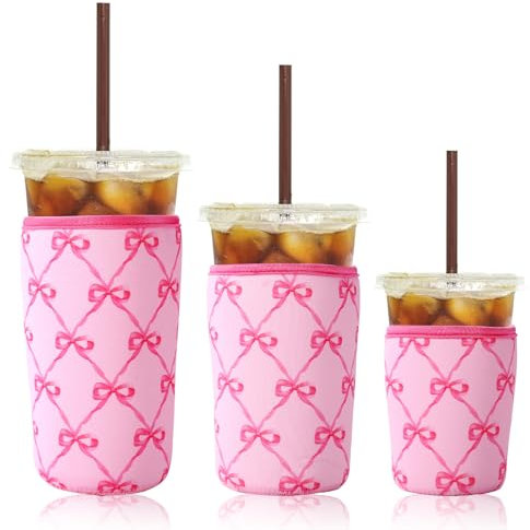 Lyreh 3pcs Iced Coffee Sleeve, 3 Sizes Reusable Cup Sleeves for Cold Drinks Insulated Neoprene Iced Beverage Holder Cup Accessories for Dunkin Hot & Cold Coffee Drinks(Pink Bow)